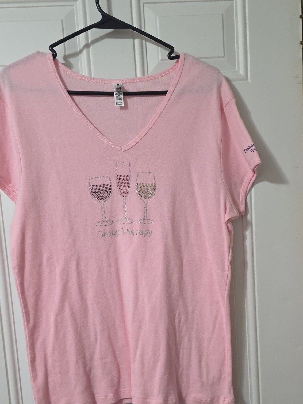 Pink V-Neck Tee with Rhinestone Wine Glasses